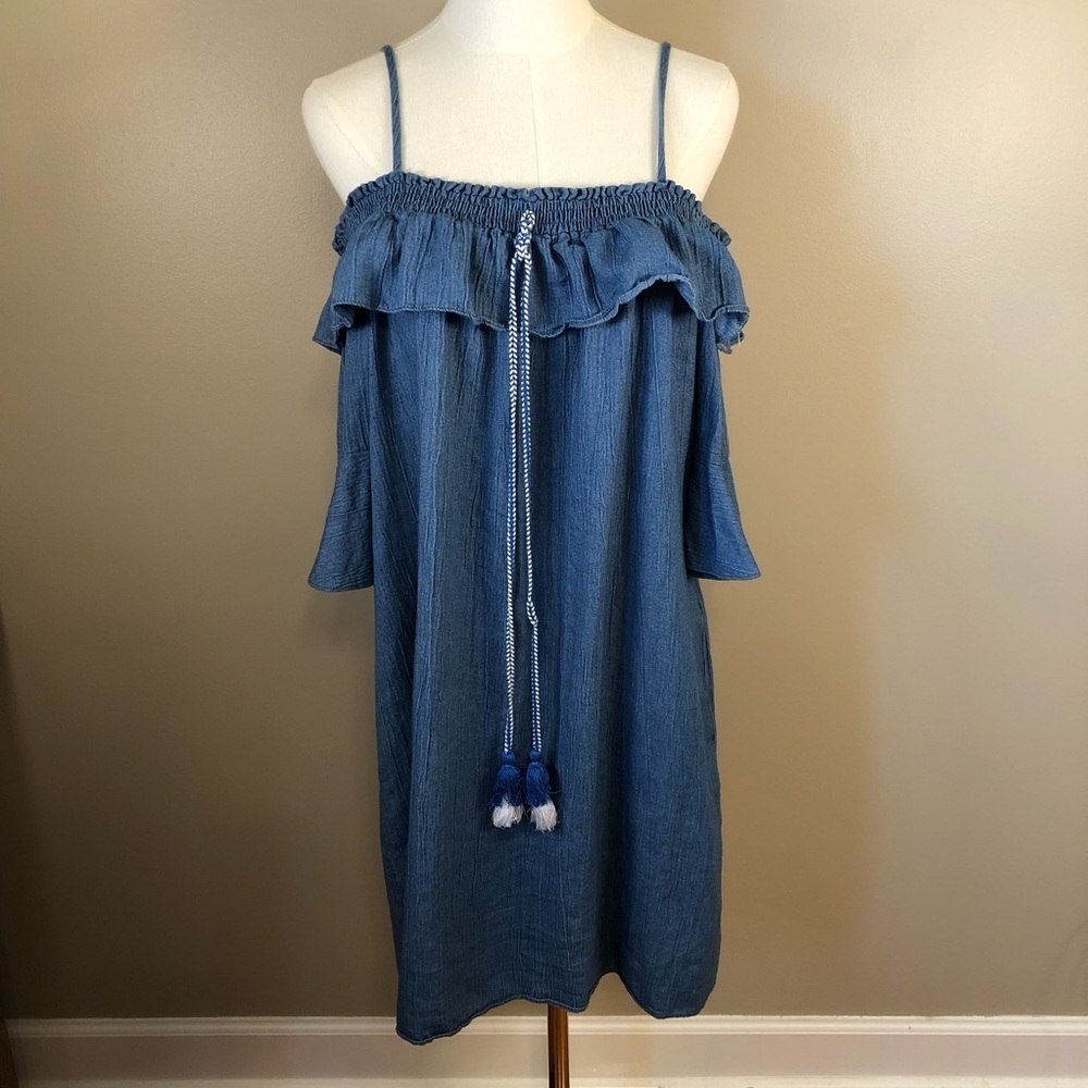 V By Violet Weekend Blue Off-Shoulder Dress with 3/4 Sleeves & Tassels Size XL